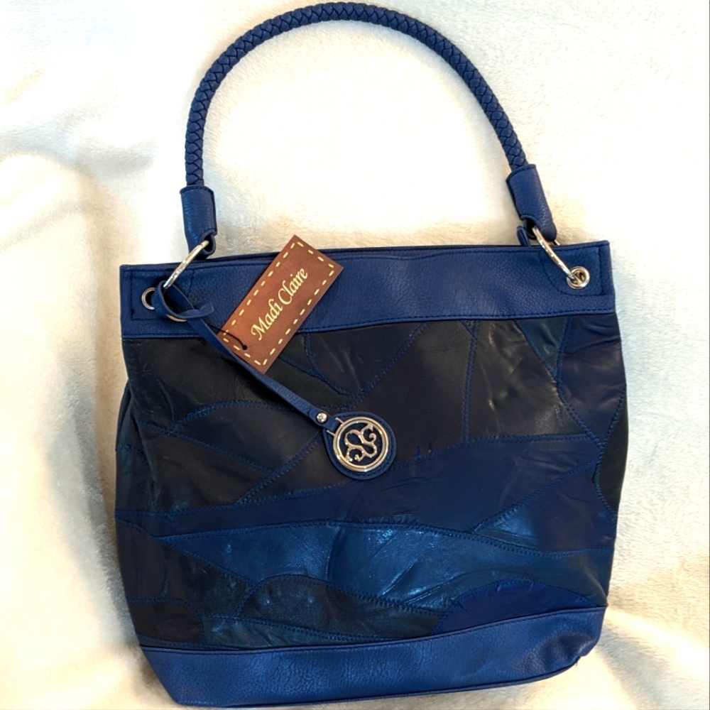 Navy Blue Macy's Madi Claire Patchwork Real Leather Shoulder & Crossbody Bag